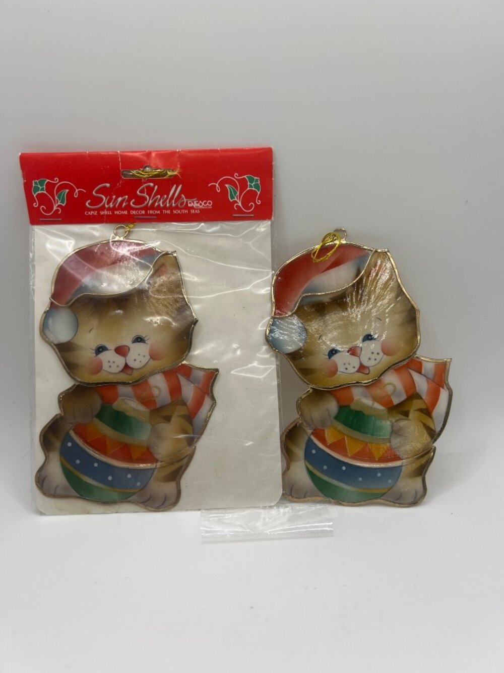Vintage Enesco Christmas Ornaments Sun Shells Kat Kitten Santa Hat 1991